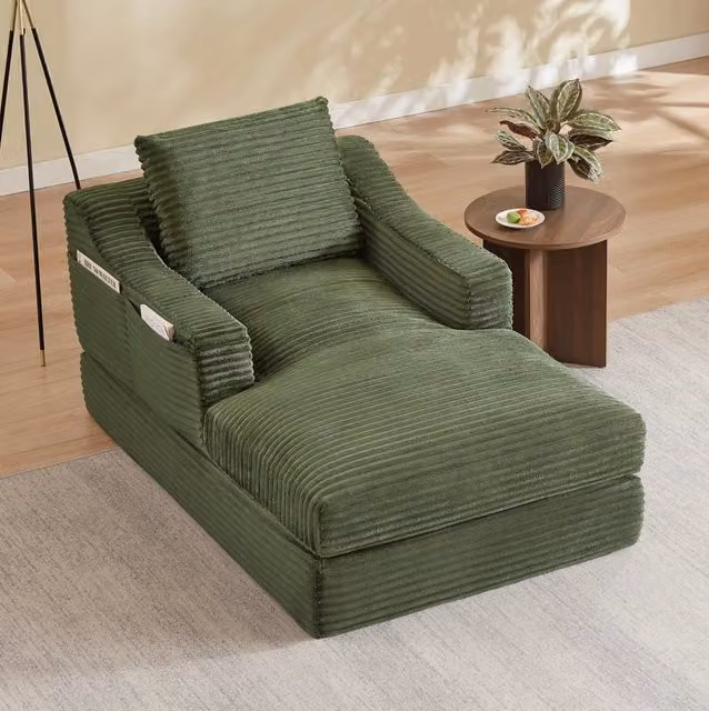 Poltrona lounge ULEVR 32x32x112 cm a doppio strato trasformabile in piccolo letto, velluto a coste verde