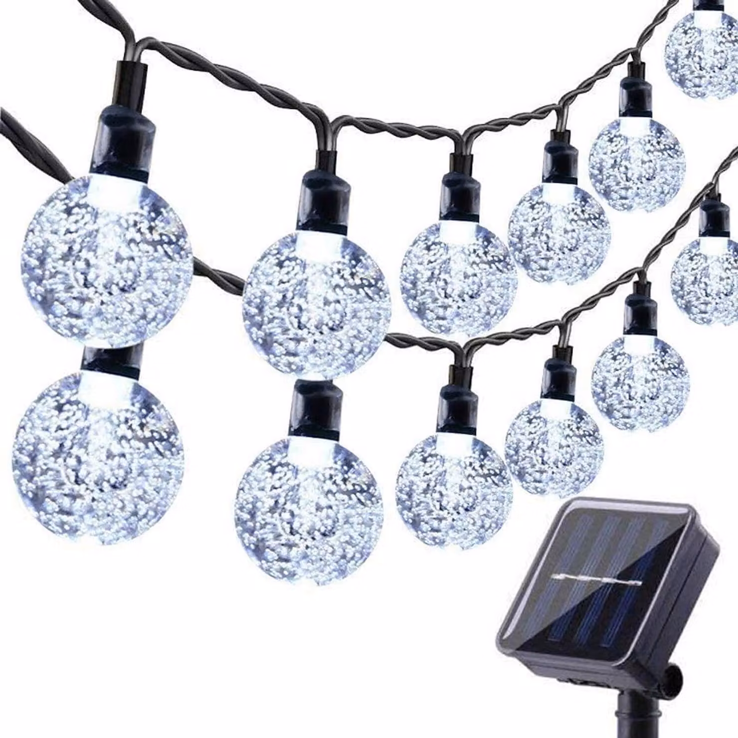 Catena luminosa solare con 60 LED, 11 metri, sfere di cristallo, grado di protezione IP65, 8 modalità, luce bianca