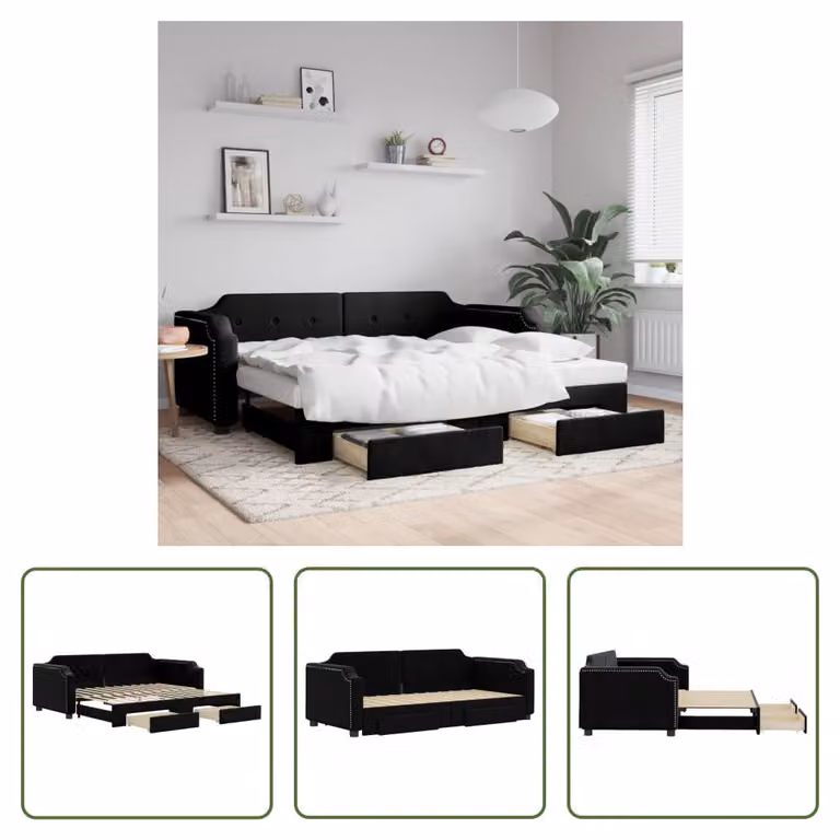 The Living Store Letto allungabile con cassetti nero 90x200 cm tessuto