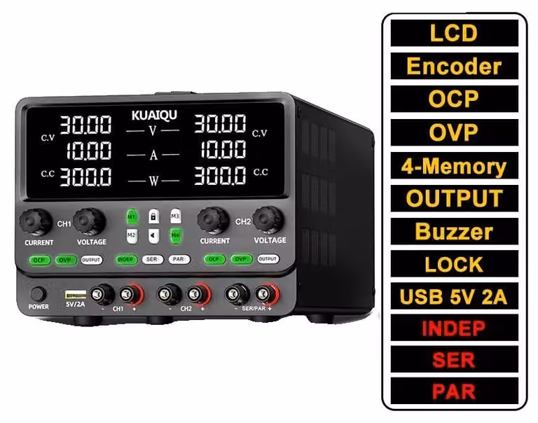 Alimentatore DC, doppia uscita, modalità programmabili, doppia uscita 30V 10A, protezione da sovracorrente (OCP), protezione da sovratensione (OVP), memoria
