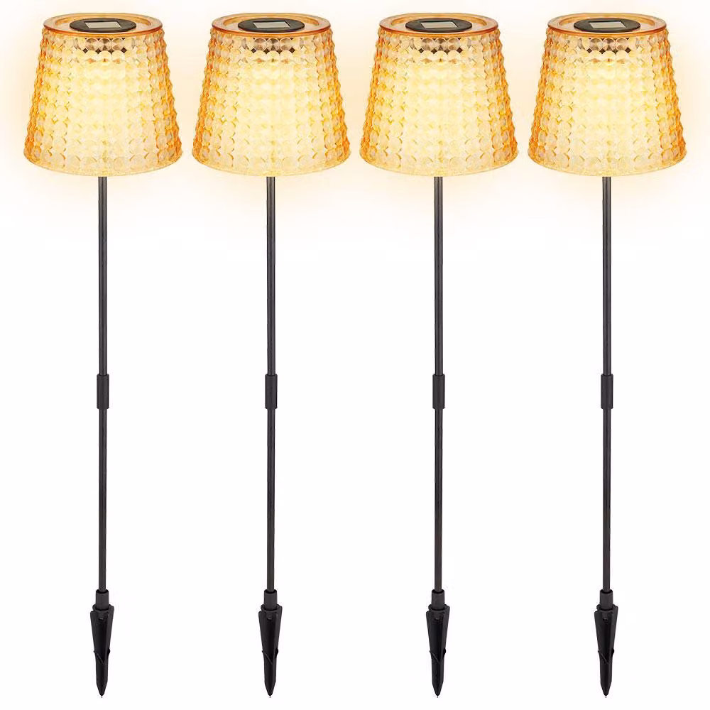 Set da 4 lampade solari a LED, picchetto da terra, plastica color ambra, H 60 cm