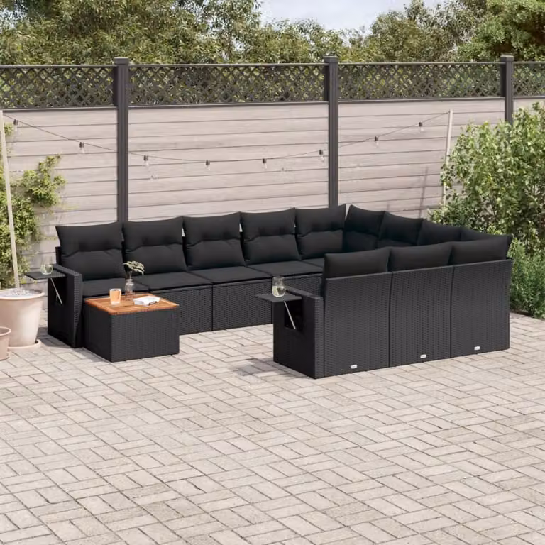 vidaXL Set Divani da Giardino 11 pz in Polyrattan Nero con Cuscini e Tavolino da Esterno