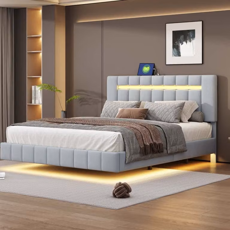 Letto imbottito AIORBER, 160x200 cm, con illuminazione a LED, design della testata, robusto e stabile, tessuto di lino traspirante, struttura letto flottante, grigio