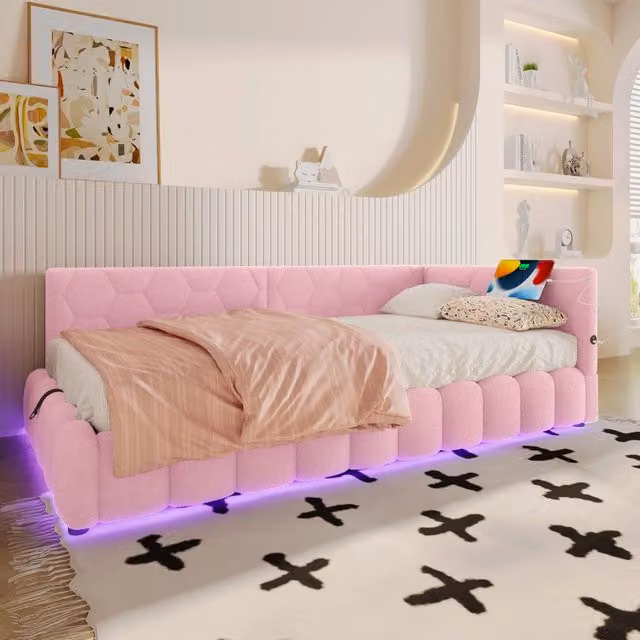 Letto imbottito 140x200 cm con contenitore idraulico e luce LED multicolore; MDF ed effetto velluto; bianco
