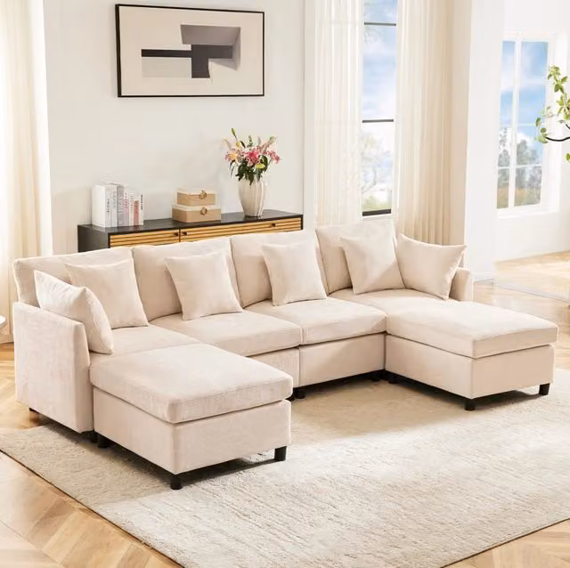 Divano modulare 4 posti 278x161 cm in ciniglia beige con 2 pouf; configurazione U o L HOMVRA
