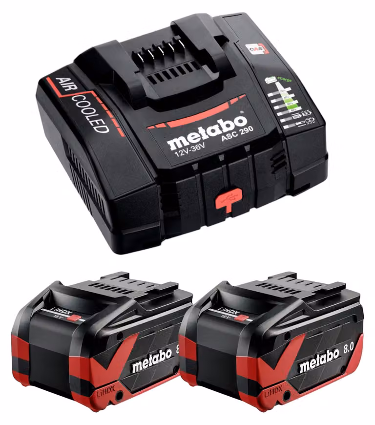 Set base Metabo 2x batteria LiHDX 18 V 8,0 Ah ( 2x 624975000 ) + caricatore ASC 290 ( 627370000 )