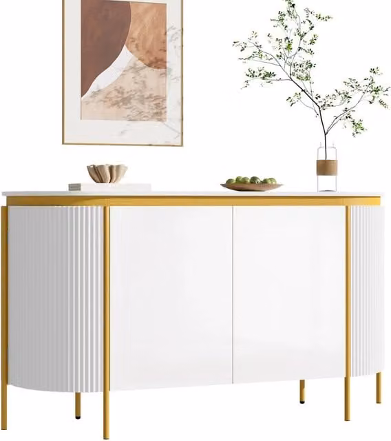 Sideboard in MDF con 4 ante, piedi in ferro, estremità ovali arrotondate, ripiano scanalato e passacavi per soggiorno