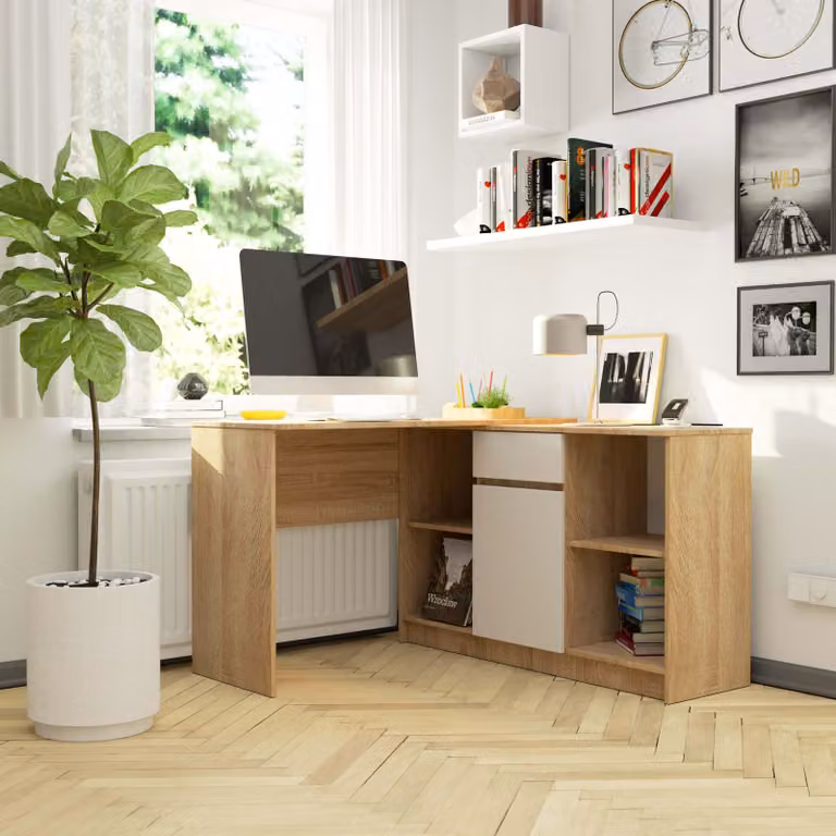 Set scrivania angolare da 120 cm con cassettiera (1 cassetto, 1 anta, 6 scomparti) - scrivania da lavoro