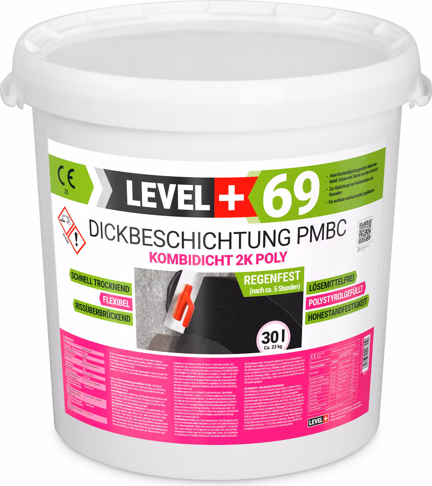 Rivestimento bituminoso ad alta densità, sistema a 2 componenti, per pareti interrate, fondazioni e cantine, contenitore da 30 litri, prodotto impermeabilizzante LEVEL+69