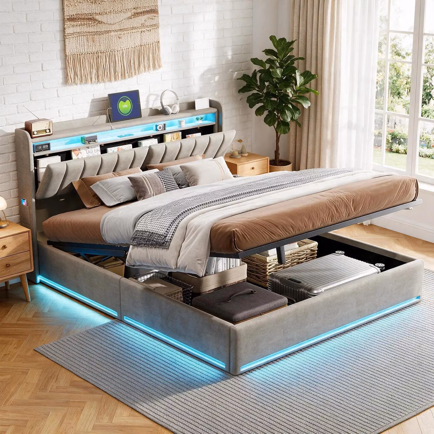 Letto imbottito INONEFT 140x190 cm con LED e USB, letto box con sistema idraulico e contenitore, letto matrimoniale con contenitore e rete a doghe, in velluto, colore grigio