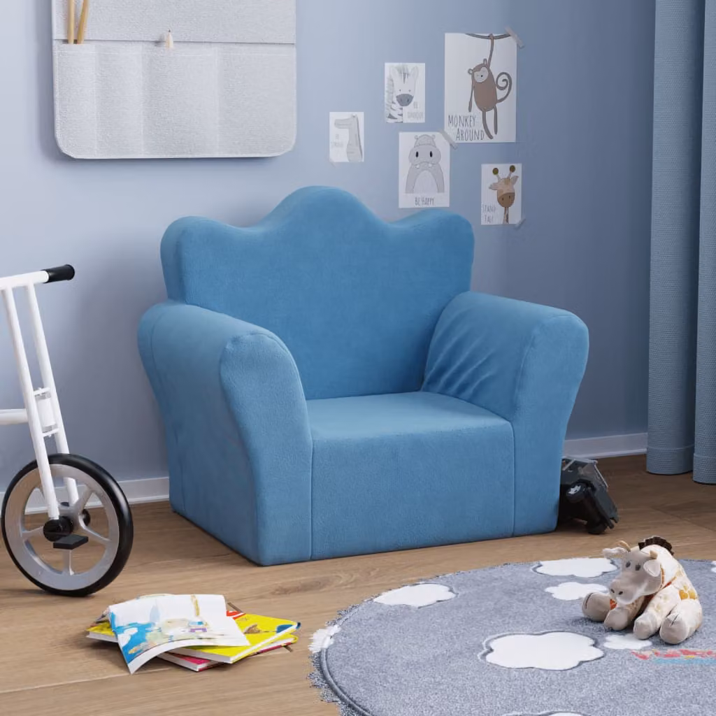 vidaXL Divano per bambini in morbido peluche blu L: 76,7 cm, P: 54 cm, H: 45 cm, 34 cm
