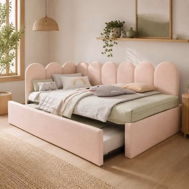 Letto daybed 90x200 cm con letto estraibile 90x190 cm; in velluto rosa
