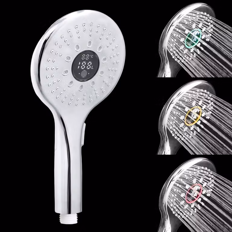 Doccia con indicatore di temperatura, portata e consumo, 2 modalità di erogazione, illuminazione a LED, funzionamento a batteria