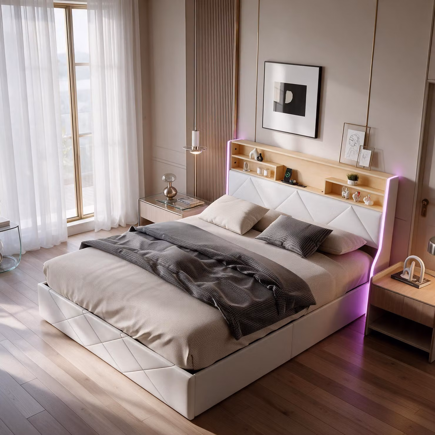 Letto singolo INONEFT, imbottito, 160x200 cm, con illuminazione LED, letto con sistema di sollevamento idraulico e spazio contenitore, testiera con spazio contenitore e prese USB, colore bianco