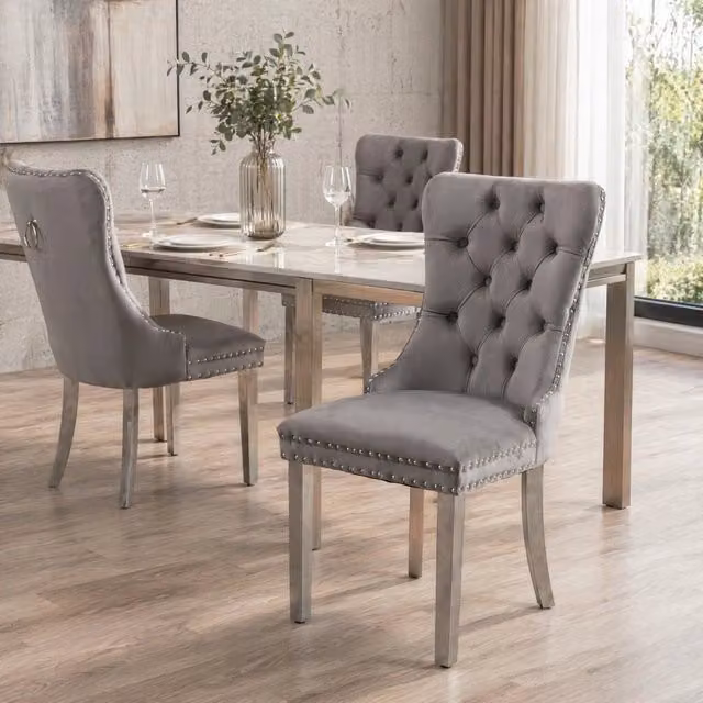 Set di 2 sedie da pranzo OKWISH in velluto grigio con schienale alto imbottito e piedini regolabili, L: 51 cm, P: 47 cm, H: 62 cm – 1