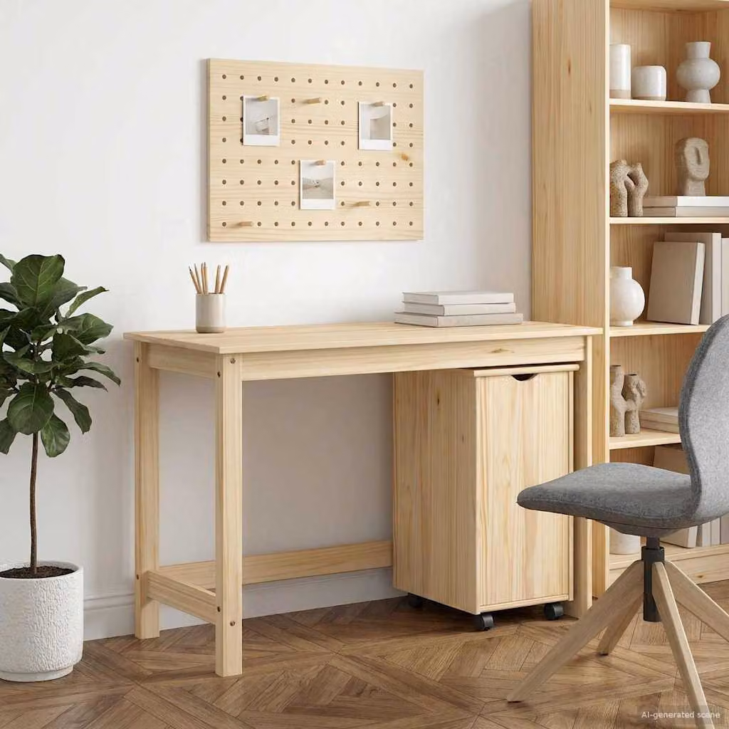 Set di Scrivania e Armadietto Moderno vidaXL in Legno di Pino, Marrone e Beige, L 112 x P 50 x H 75 cm