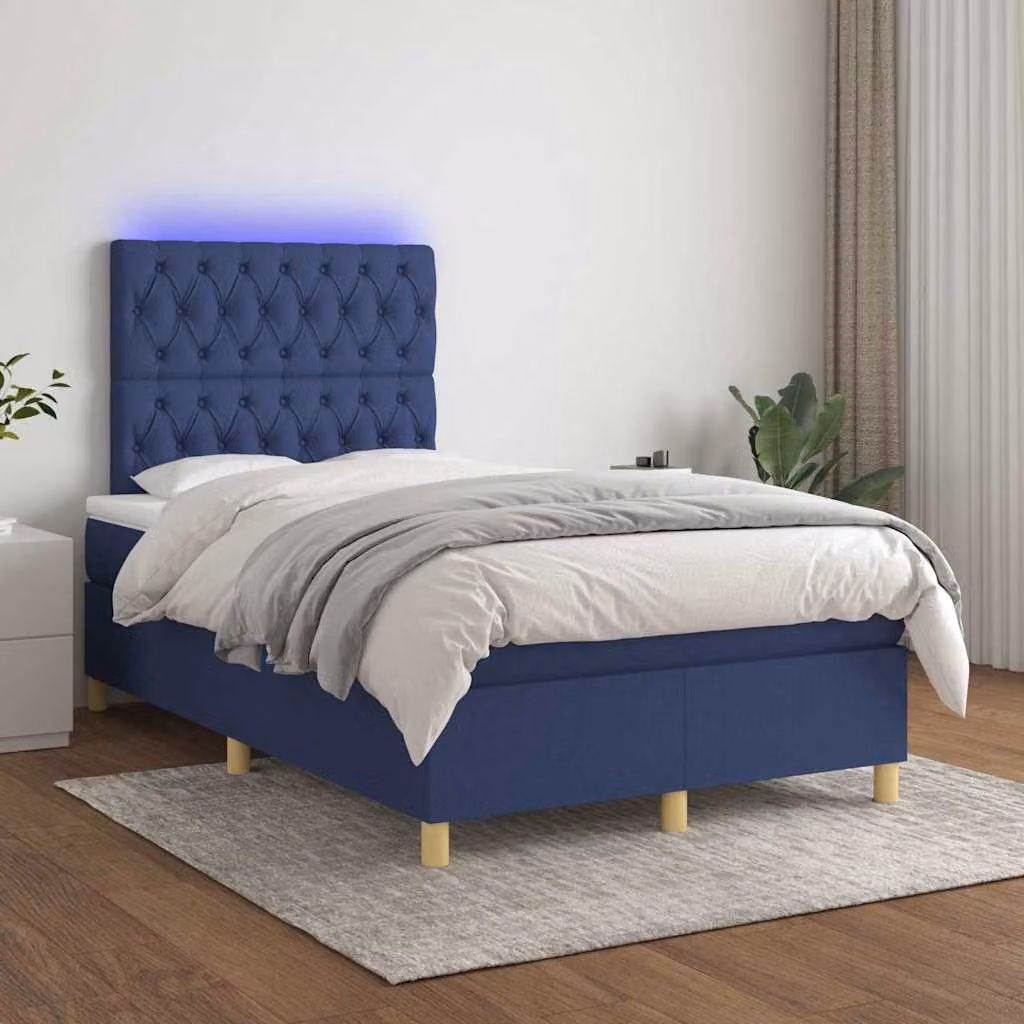 vidaXL Letto a Molle con Materasso e Illuminazione LED Blu, Tessuto Bianco e Blu, L/P/H: 120 x 200 x 128 cm