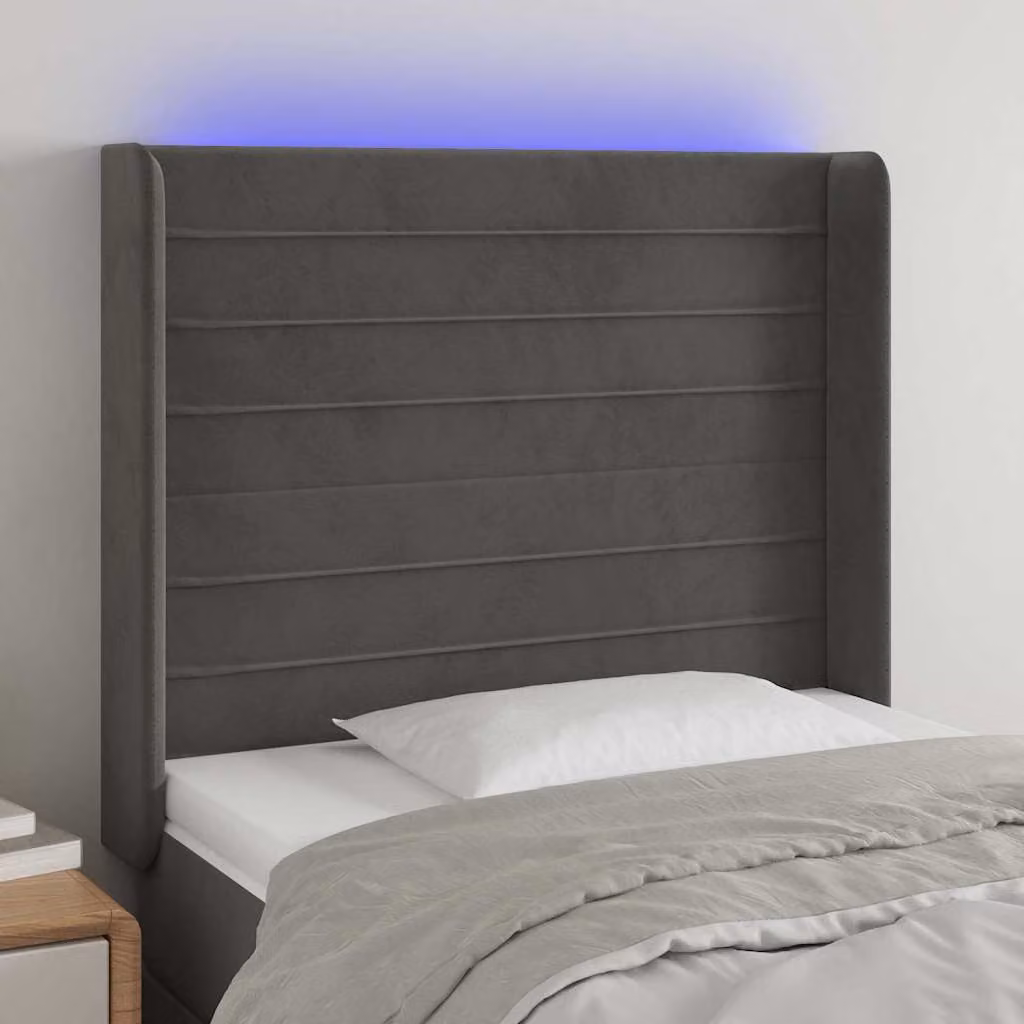 Testiera per letto vidaXL in velluto grigio con illuminazione LED e porta USB, L 93 cm, P 16 cm, H 118-128 cm