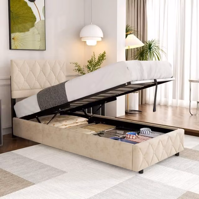 Letto imbottito 90x200 cm con testiera trapuntata a bottoni, letto contenitore in velluto, senza materasso