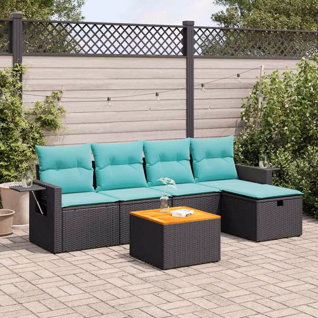Set Divano da Giardino vidaXL 6 pz a Forma a L con Cuscini, Tavolino e Pouf in Polyrattan e Legno di Acacia, Colore Nero
