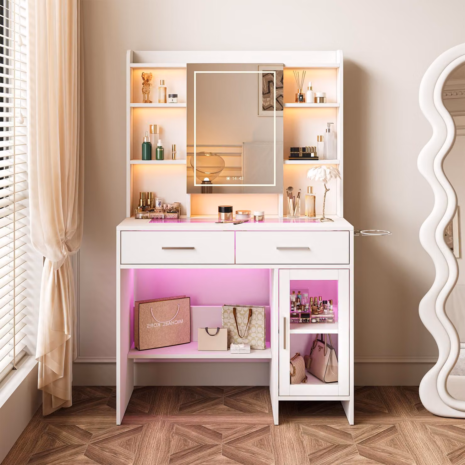 Tavolo da trucco con piano in vetro temperato, cassetti, armadio, ripiani, prese elettriche, supporto per asciugacapelli e illuminazione a 3 colori, bianco