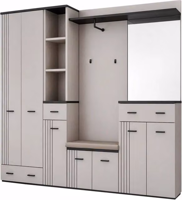 Mobile Ingresso Specchio Panca Set Entrata Completo Ganci Appendiabiti Cassetto Scarpiera Armadietto Salvaspazio Moderno Per Corridoio Casa Elegante Funzionale 210 x 32 x 203 Cm Cashmere E Nero Opaco