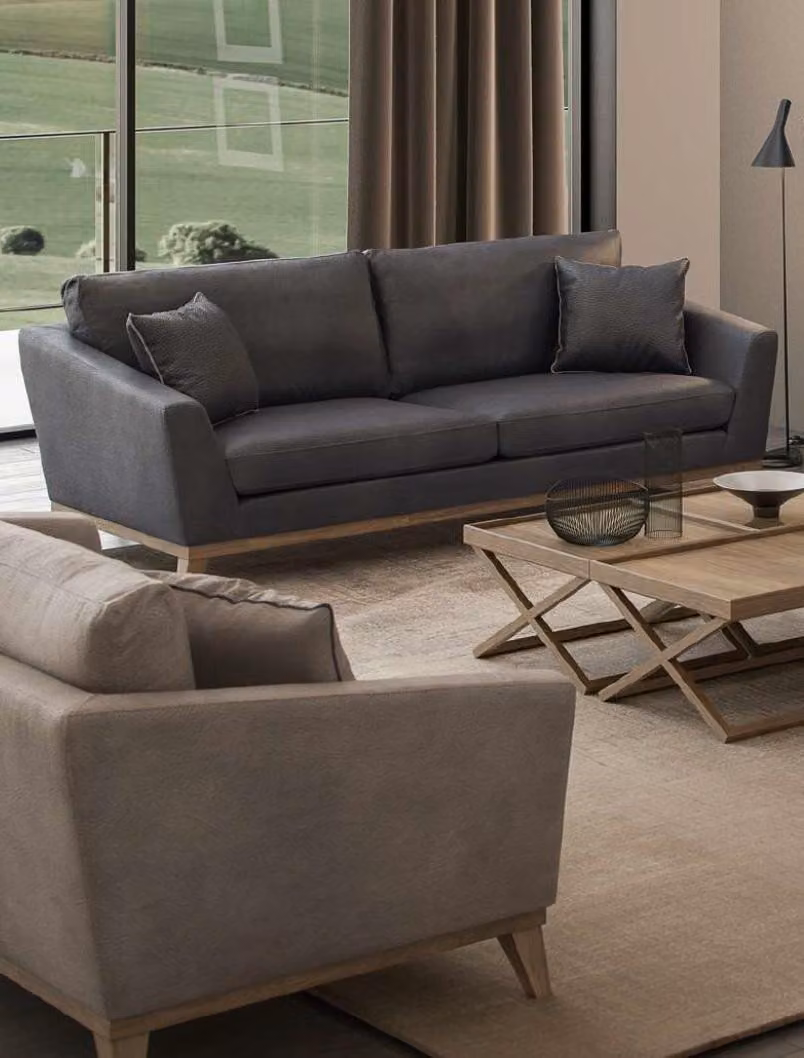 Grauer Dreisitzer Holzgestell Moderne Wohnzimmercouch Luxus Design