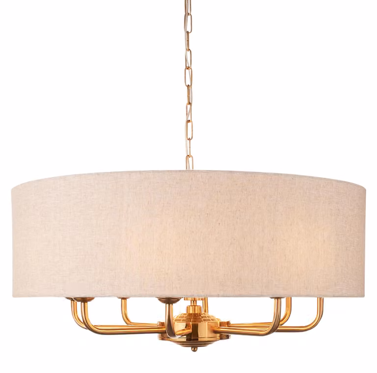 Lampada a sospensione HIGHCLERE vintage in ottone 8xE14x15W con tessuto, dimensioni: 174,5x70x70 cm, IP20, Endon