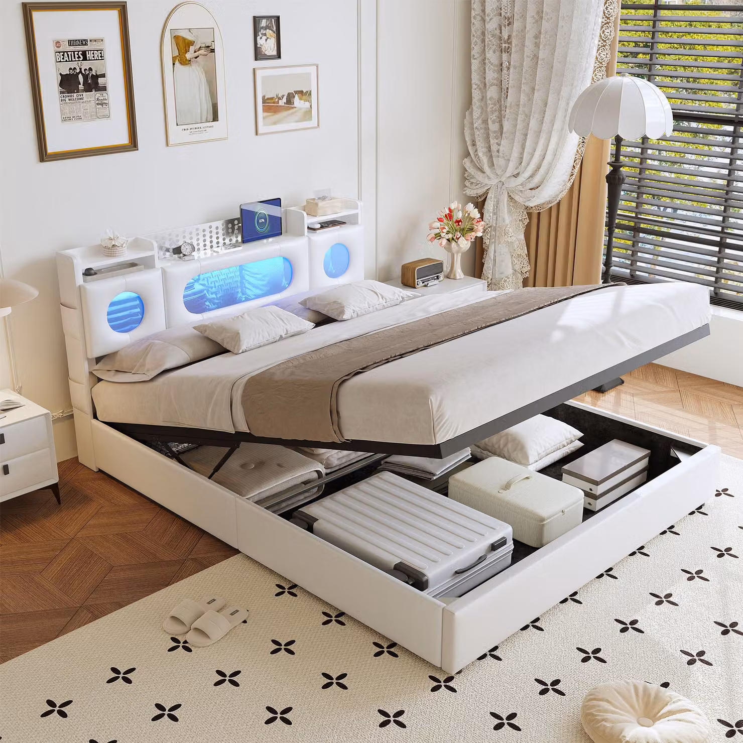 Letto imbottito Fortuna Lai 140x200 con USB e tipo C, letto a molle con rete a doghe, letto per ragazzi con LED, letto contenitore idraulico letto matrimoniale, Similcuoio, bianco