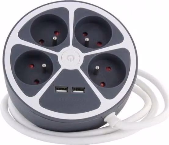 Presa multipla CHACON, 4 x 16A + 2 USB, cavo da 1,5 m, grigio, con interruttore, 3680W