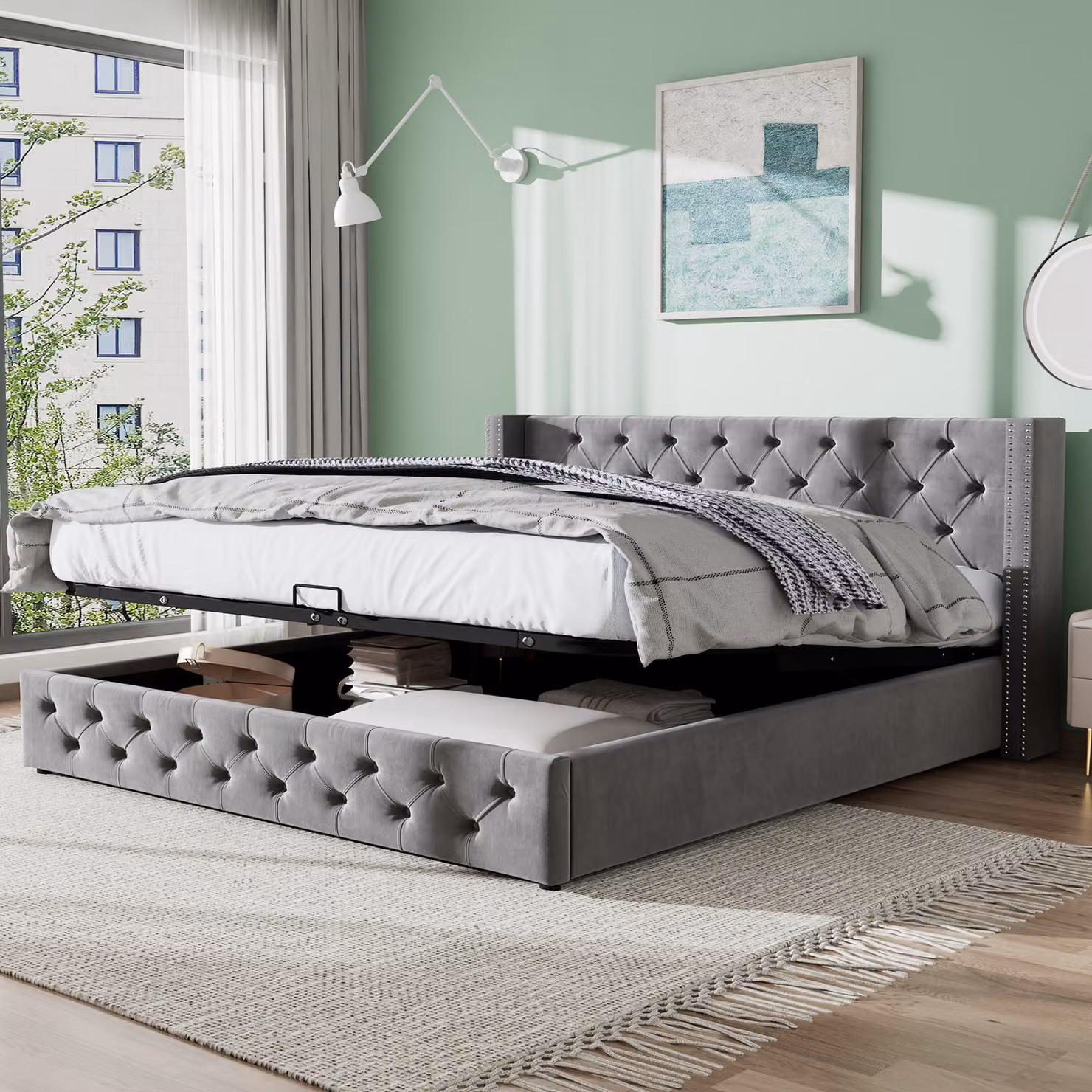 okwish Letto imbottito 160x200 cm, letto matrimoniale, letto con funzione idraulica, tessuto non tessuto nero, antivegetativo, velluto con borchie decorative e design a orecchie (grigio)