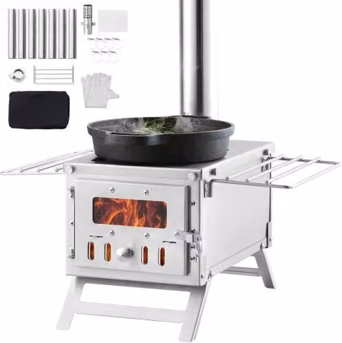 Stufa a legna VEVOR in acciaio inox color argento per tenda da campeggio con 8 tubi e focolare per cucina all'aperto e riscaldamento