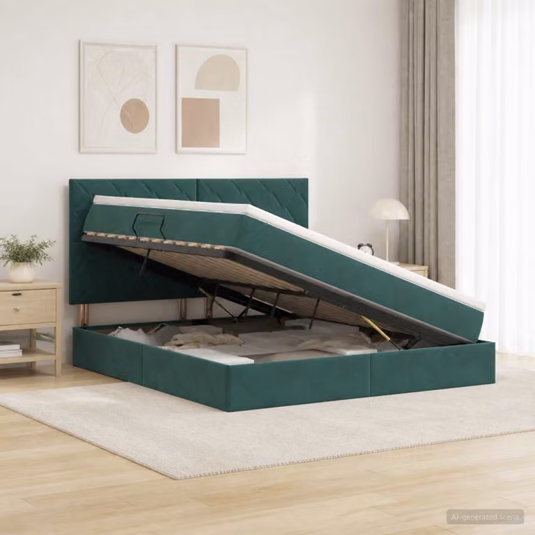 Letto con contenitore vidaXL in velluto verde con base a sollevamento e porta USB L/P/H: 140 x 200 x 104 cm