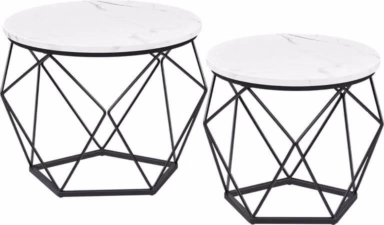 VASAGLE Tavolini rotondi, set di 2 tavolini, stile moderno, piano estraibile, struttura in acciaio, per soggiorno, bianco e nero