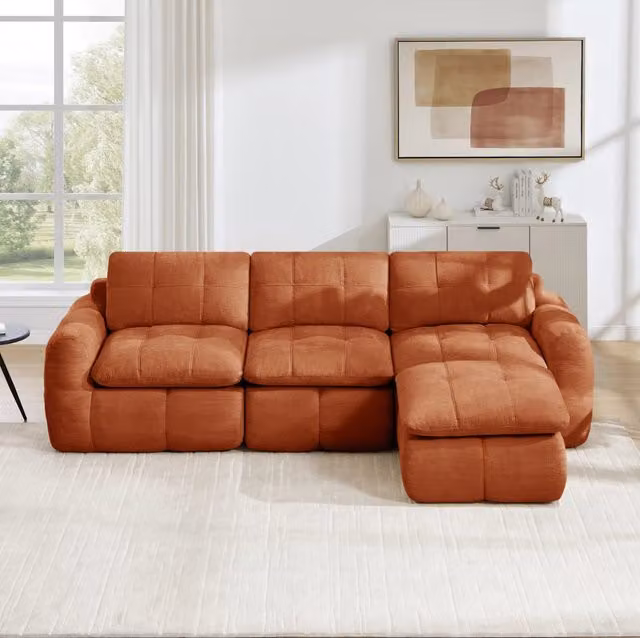 Divano modulare angolare 3 posti con pouf 264x160x68 cm in chenille arancione