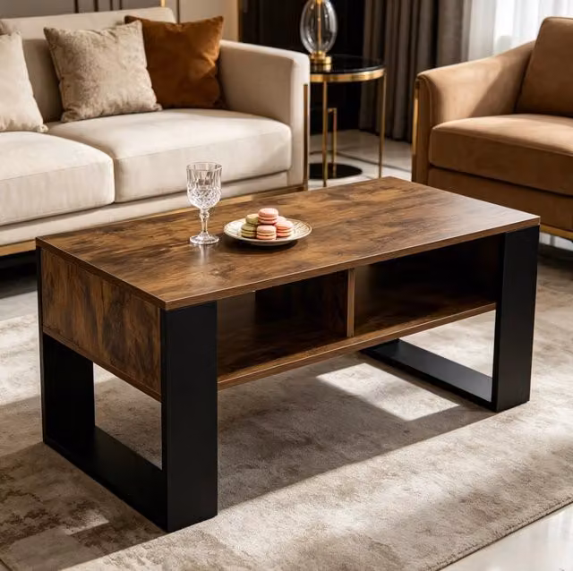 Tavolino da salotto 90 x 45 x 45 cm con 2 vani aperti, nero e marrone rustico