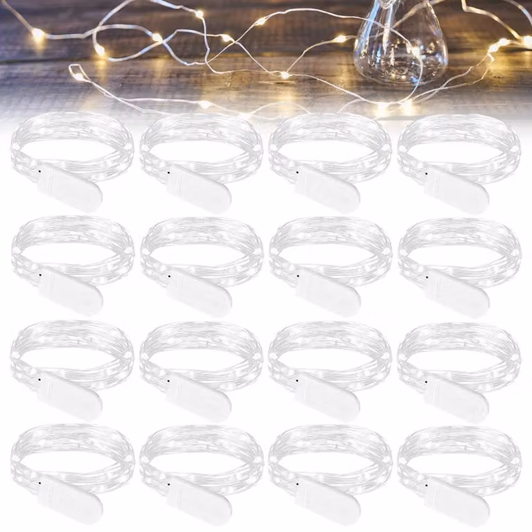 Catena luminosa a LED, set da 16 elementi, lunghezza 2 metri, 20 LED, colore bianco, alimentazione a batteria