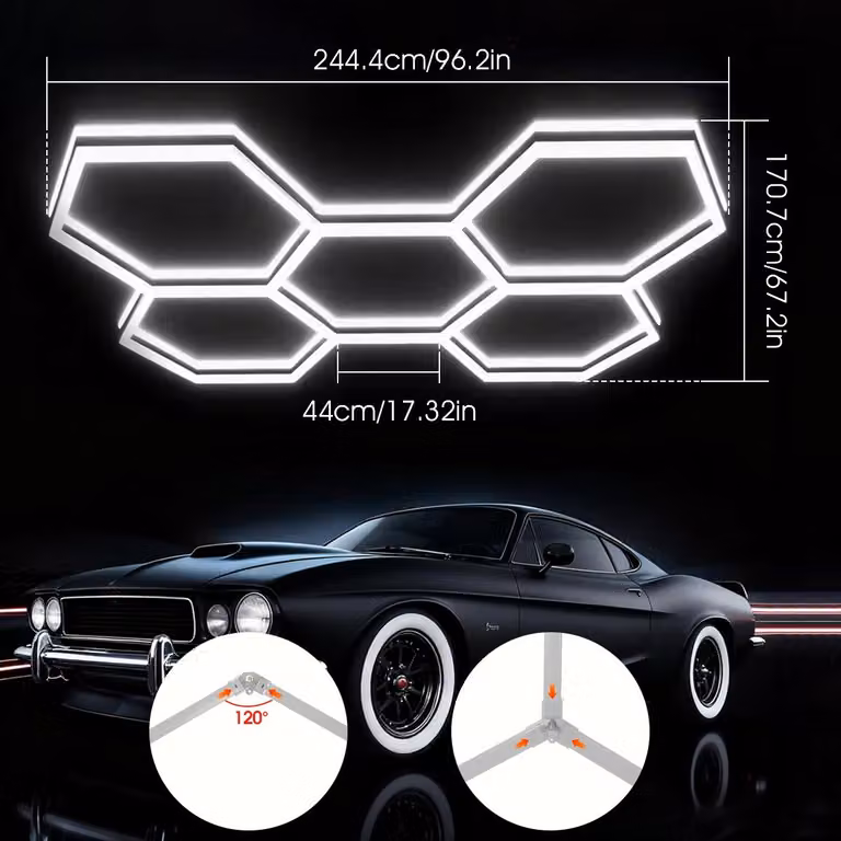 Lampada a LED per garage - Plafoniera per garage - 5 luci esagonali - Alta luminosità - Alimentazione a spina - Montaggio fai-da-te - Adatta per officine e magazzini