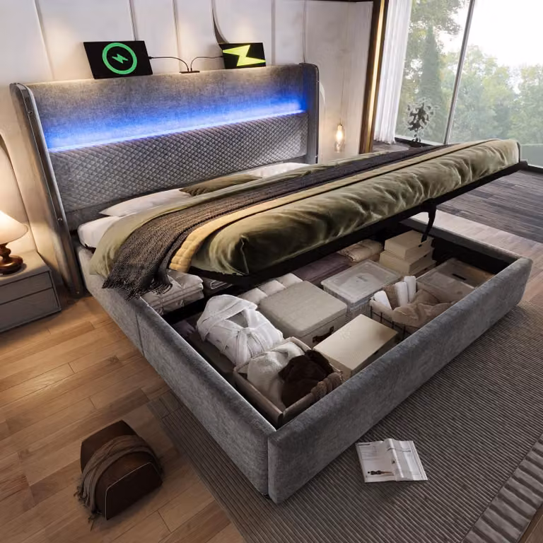 Letto imbottito okwish 180×200 con contenitore, letto matrimoniale con luci a LED e prese di ricarica, letto per ragazzi con testiera alta, grigio, senza materasso