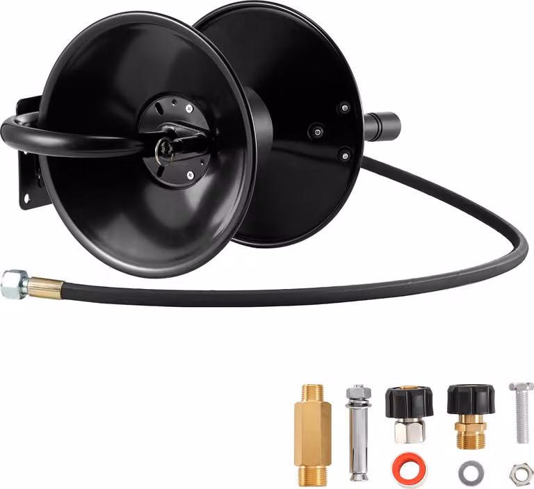 Avvolgitubo ad alta pressione SucceBuy con tubo flessibile da 15,2 m x 9,5 mm, staffa in acciaio, adatto per idropulitrici, possibilità di montaggio versatile a parete, a pavimento o su camion, pressione di 275 bar, manovella manuale per lavori di pulizia