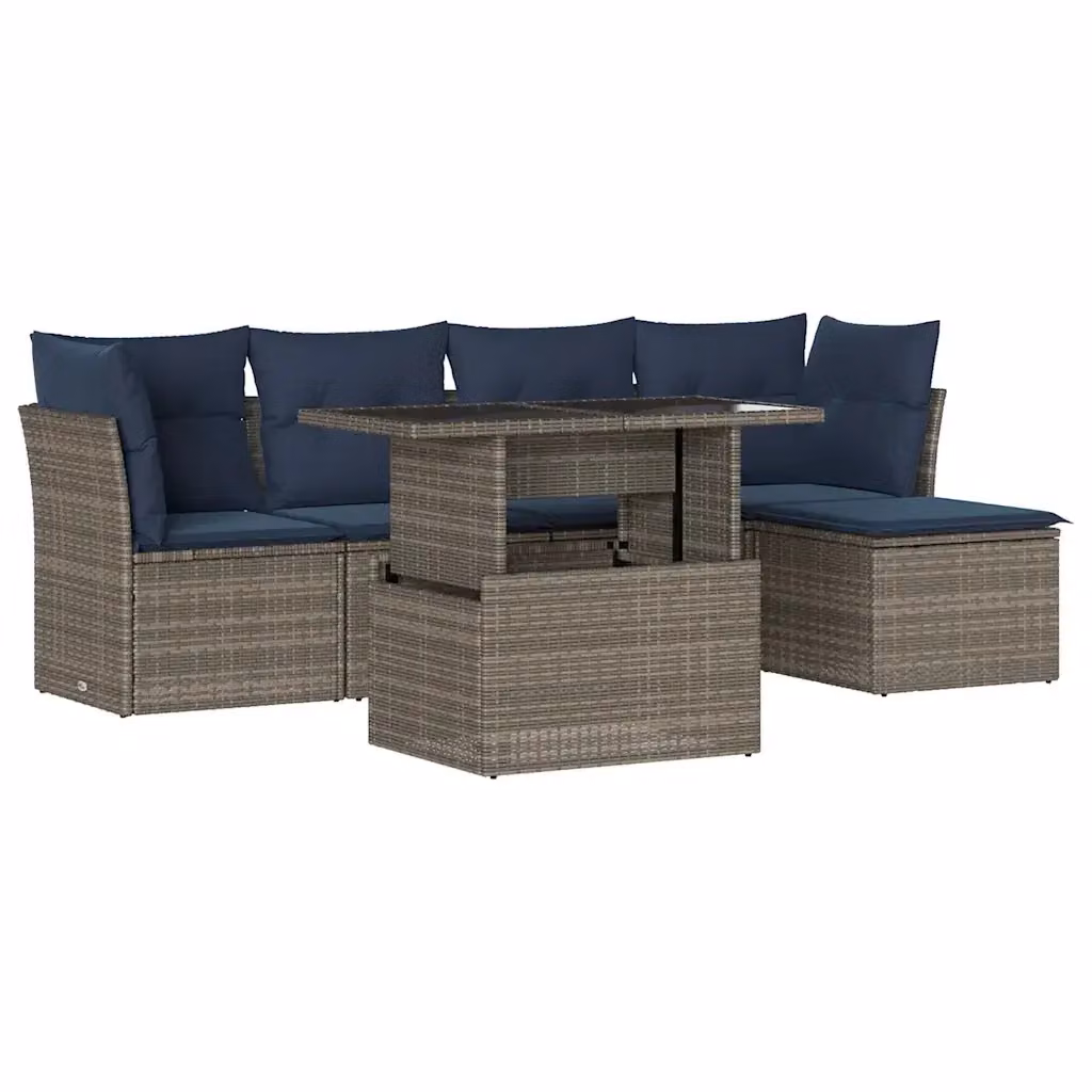 Set da giardino moderno vidaXL composto da 6 pezzi con divano a L, tavolino e pouf in rattan e metallo, colore grigio e blu con cuscini inclusi – 2