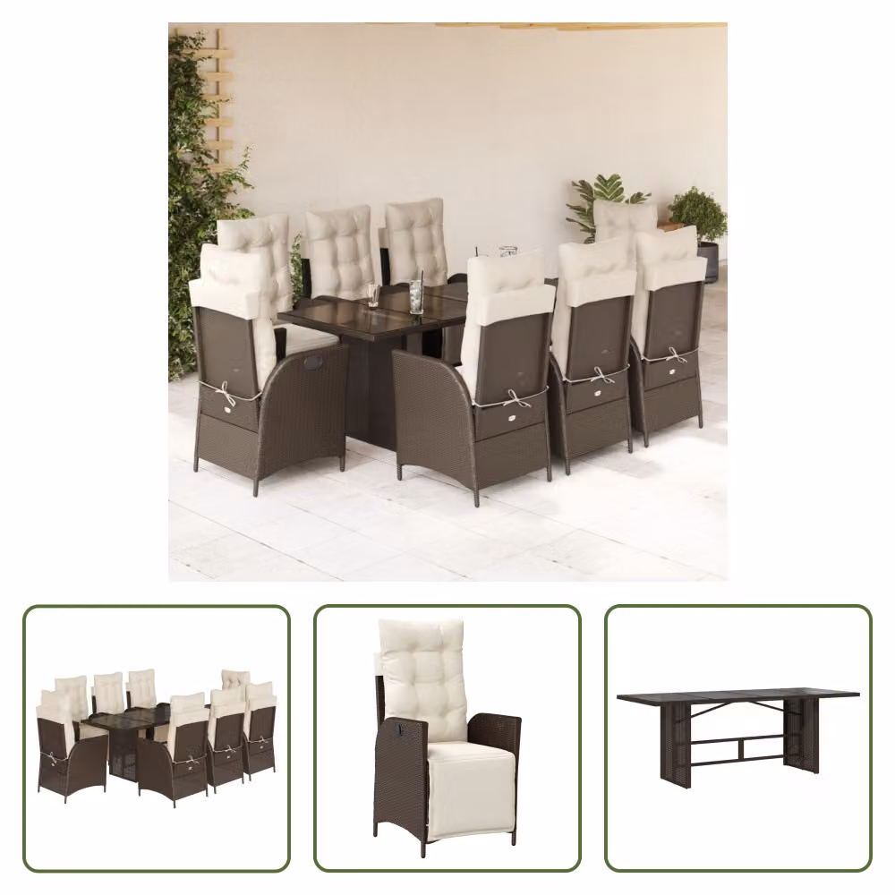 The Living Store Set da pranzo da giardino 9 pezzi con cuscini in polirattan marrone