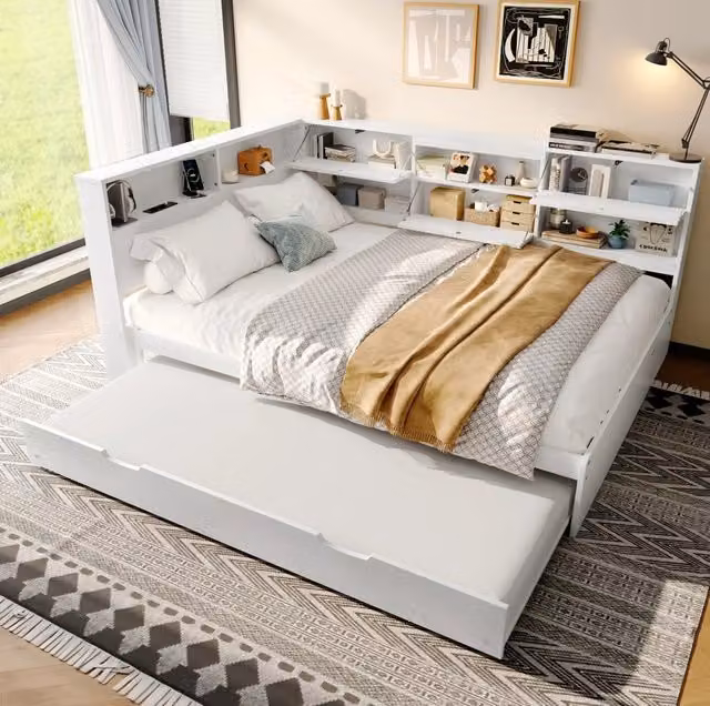 Letto da giorno ULEVR 140x200 cm con letto estraibile 90x190 cm, testiera con vani e ricarica USB e Type-C, bianco