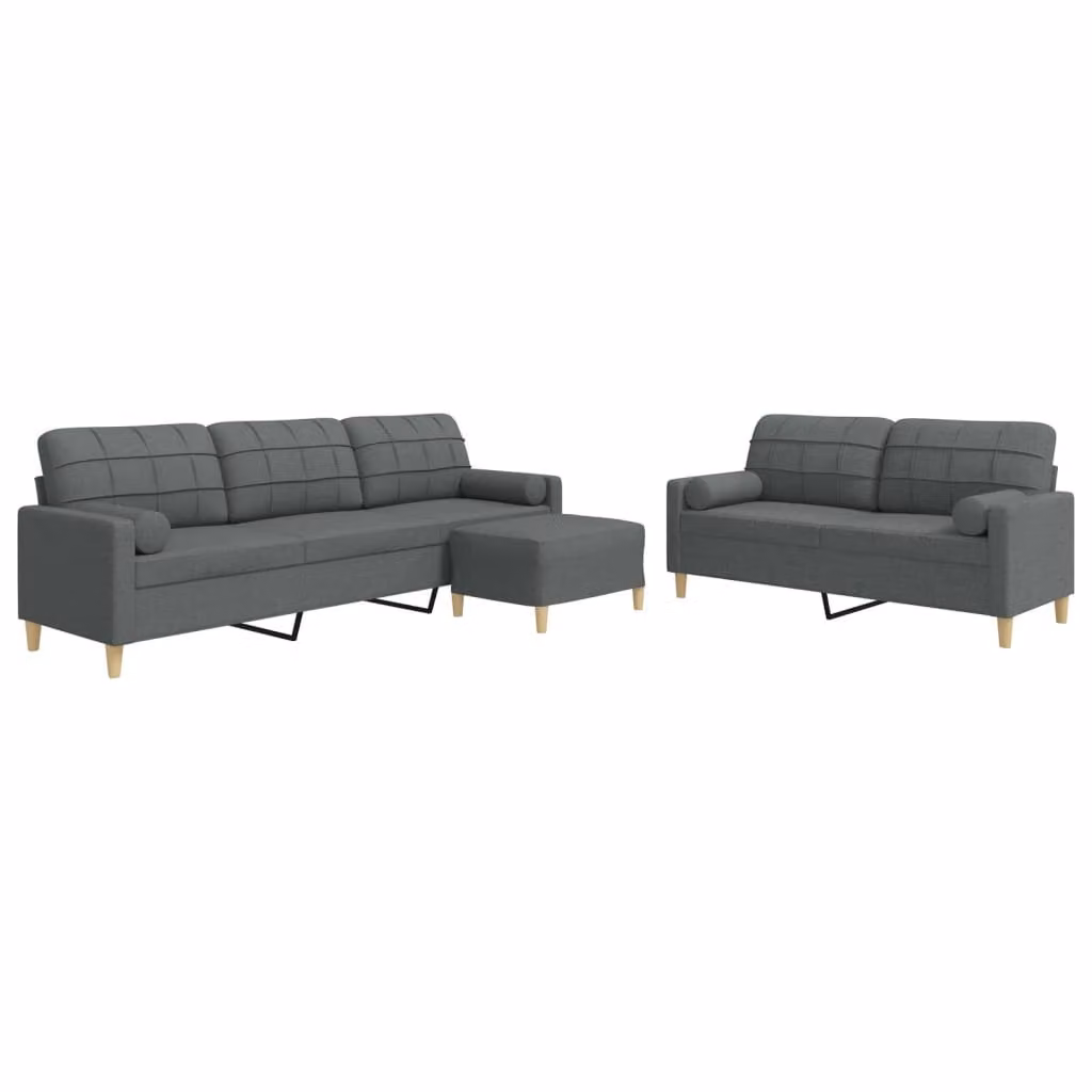 Set Divani 3 pz con Poggiapiedi e Cuscini Grigio Scuro Tessuto
