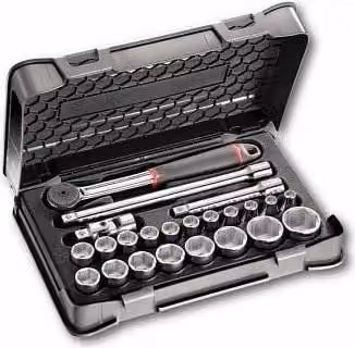 Set di chiavi a bussola Usag 23 pz con cricchetto reversibile 1/2 in acciaio al cromo molibdeno e custodia in ABS colore Nero