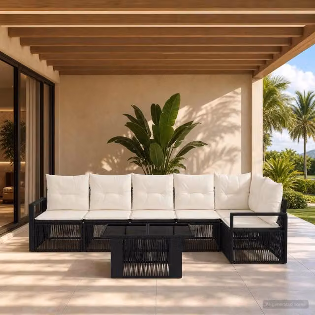 Set Divano da Giardino 7 Pezzi vidaXL in Polyrattan con Cuscini Bianco e Nero