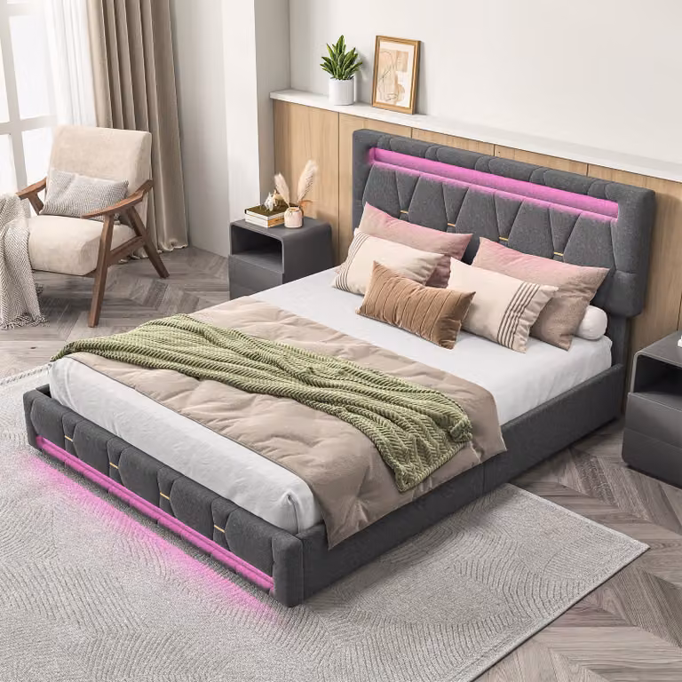 Struttura letto matrimoniale 140 x 200 cm con 4 cassetti, testata regolabile, facile da montare, grigio