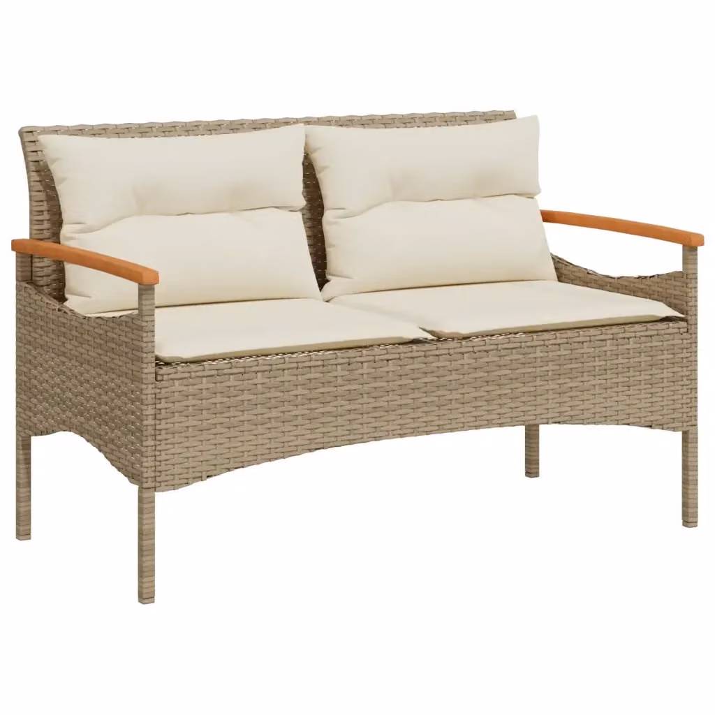 Panchina da giardino moderna vidaXL in rattan e legno di acacia con cuscini beige, L: 116 cm, P: 62,5 cm, H: 74 cm – 2