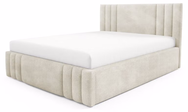 Letto imbottito con contenitore e falda in lino color beige, dimensioni 160 x 200 cm