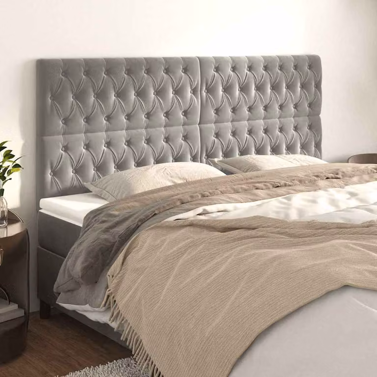 Testiera per letto vidaXL in velluto grigio chiaro con pannello imbottito, L: 180 cm, H: 118/128 cm, P: 7 cm